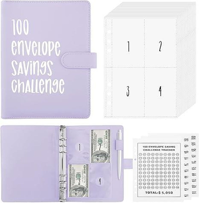 100 Envelopes Challenge Binder Money Saving Binder, Easy and Fun Way to save $5,050, Cash Stuffing Binder Budget Planner Savings Challenge Book Budgeting Book Envelope Savings,Budget Book with Cash Envelopes for Office, Home, School