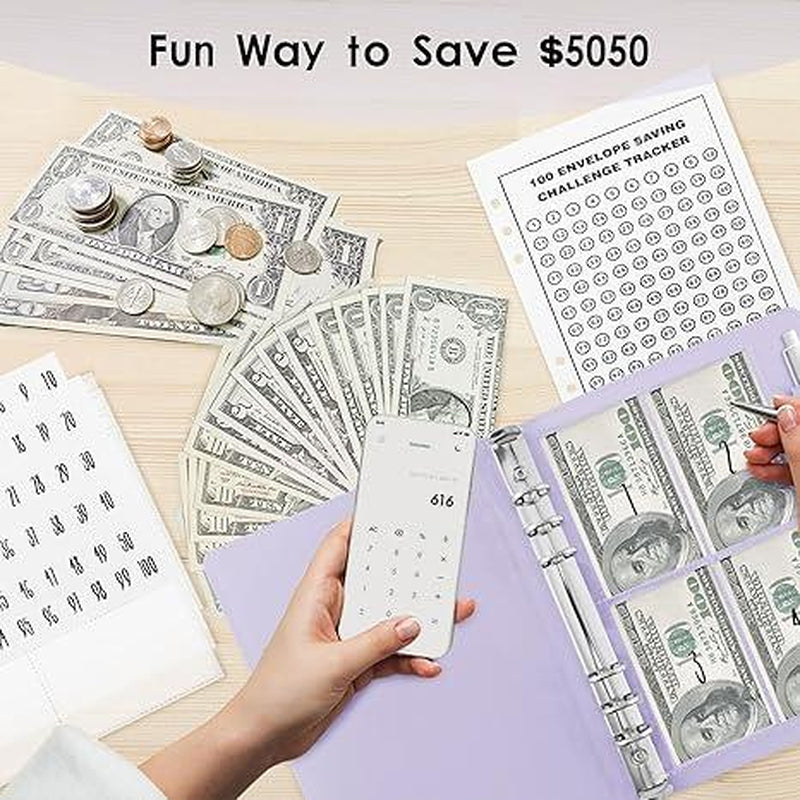 100 Envelopes Challenge Binder Money Saving Binder, Easy and Fun Way to save $5,050, Cash Stuffing Binder Budget Planner Savings Challenge Book Budgeting Book Envelope Savings,Budget Book with Cash Envelopes for Office, Home, School