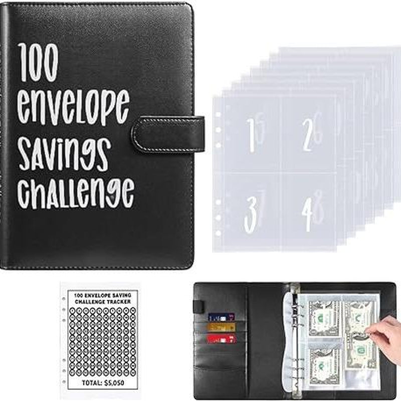 100 Envelopes Challenge Binder Money Saving Binder, Easy and Fun Way to save $5,050, Cash Stuffing Binder Budget Planner Savings Challenge Book Budgeting Book Envelope Savings,Budget Book with Cash Envelopes for Office, Home, School