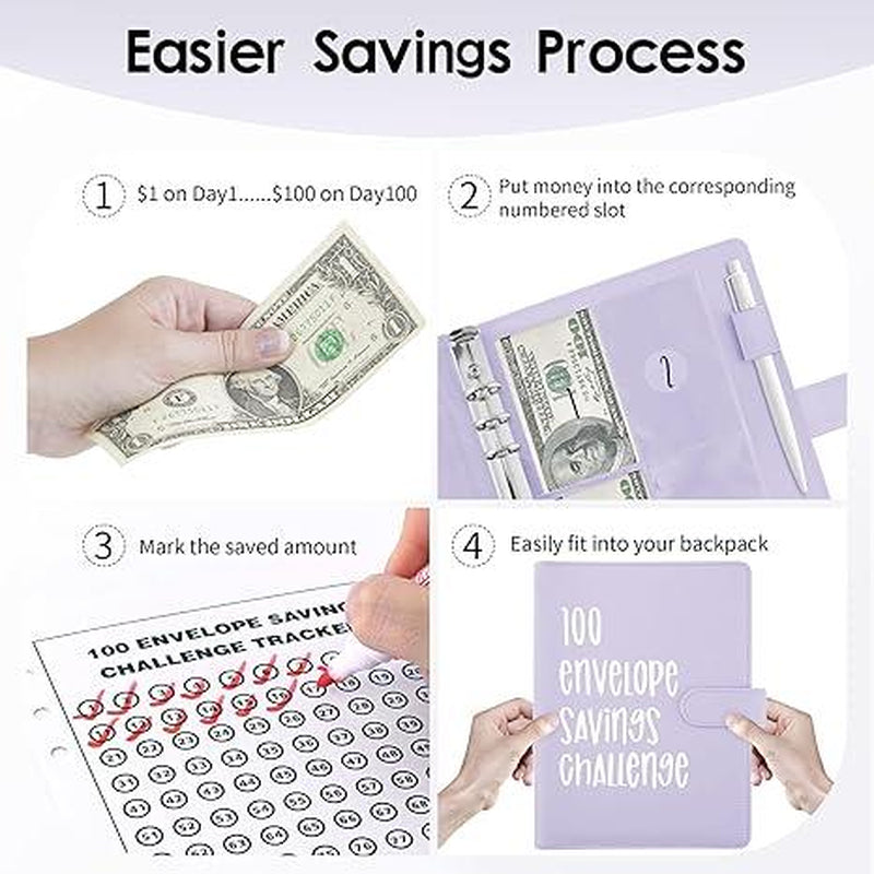 100 Envelopes Challenge Binder Money Saving Binder, Easy and Fun Way to save $5,050, Cash Stuffing Binder Budget Planner Savings Challenge Book Budgeting Book Envelope Savings,Budget Book with Cash Envelopes for Office, Home, School